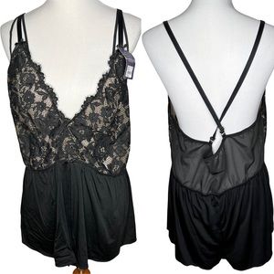Cacique Black Lace Sleep Romper Teddy Lingerie Bodysuit Plus Size 18 20 1X NWT